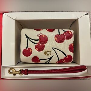 Coach Cherry Print Leather Cosmetic Pouch Mini Wristlet
